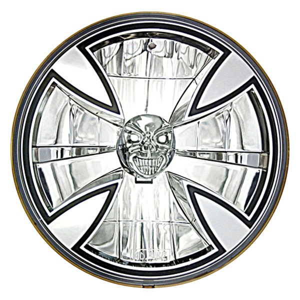 Adjure® - 7" Round Cruiser Style "Iron Cross" Chrome Crystal Headlight with Skull