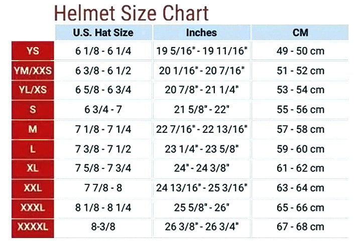 smith helmet size chart