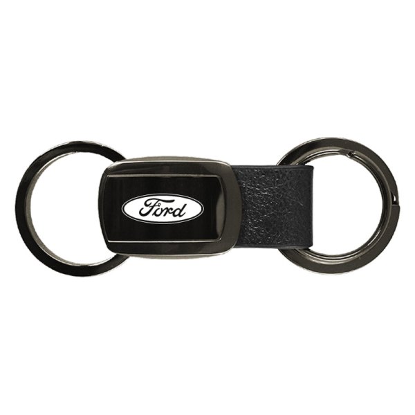 Autogold® - Ford Logo Gun Metal Leather Tri-Ring Key Fob