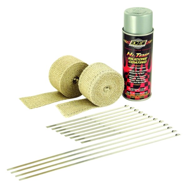 Design Engineering® - Tan Exhaust Pipe Wrap Kit with Aluminum HT Silicone Coating Spray