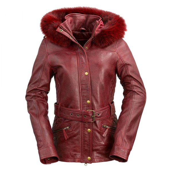 First Manufacturing® - Ladies Belted Coat with Removable Fur Hood (Large, Oxblood)