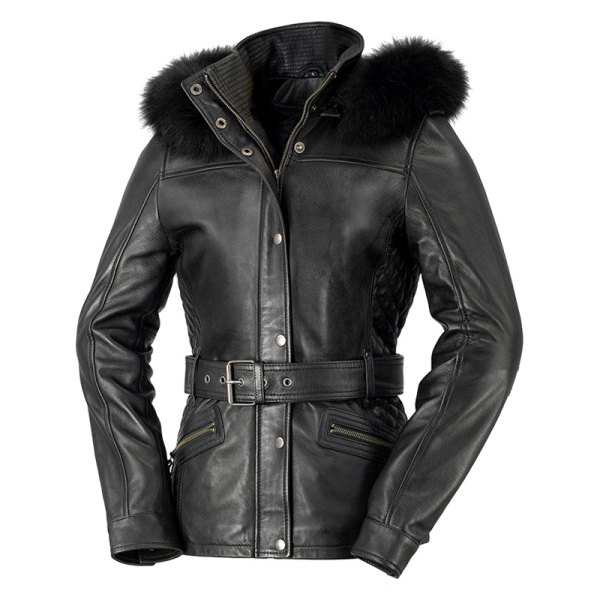 First Manufacturing® - Ladies Belted Coat with Removable Fur Hood (Medium, Black)