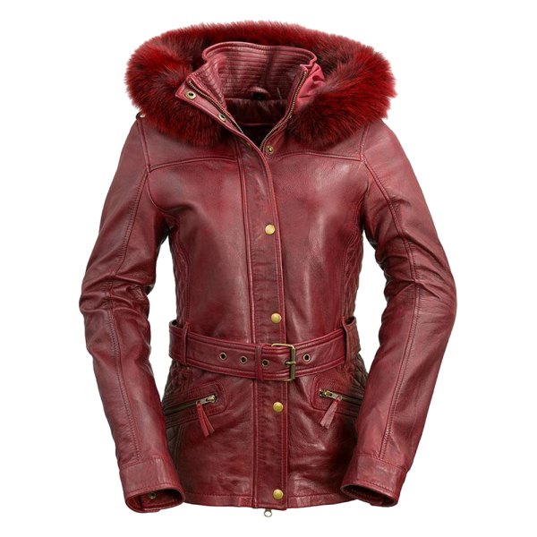 First Manufacturing® - Ladies Belted Coat with Removable Fur Hood (Medium, Oxblood)