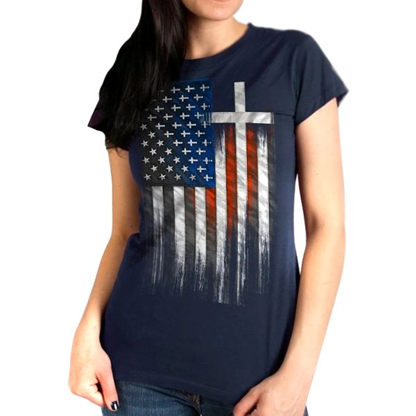 Hot Leathers® - American Flag Crosses Ladies T-Shirt (Medium, Black)
