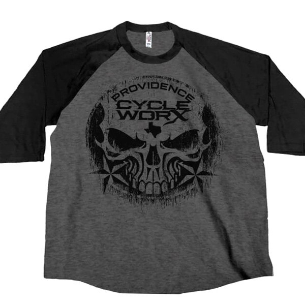Hot Leathers® - Official Providence Cycle Worx Skull Raglan 3/4 Sleeve Shirt (Large, Charcoal/Black)