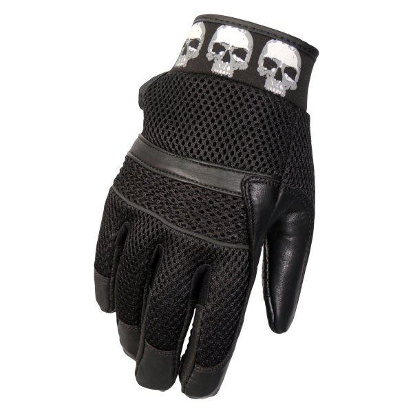 Hot Leathers® - Row of Skulls Leather Mesh Gloves (Medium, Black)