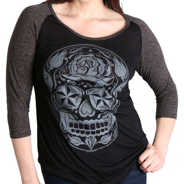 Hot Leathers® - Sugar Skull 3/4 Sleeve Ladies Shirt (Small, Black/Heather Gray)