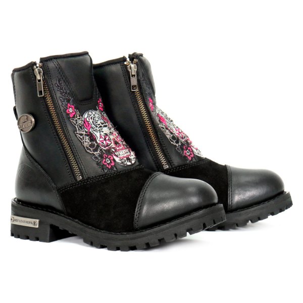 Hot Leathers® - Double Zip Sugar Skull Cap Toe Ladies Leather Boots (5.5, Black)