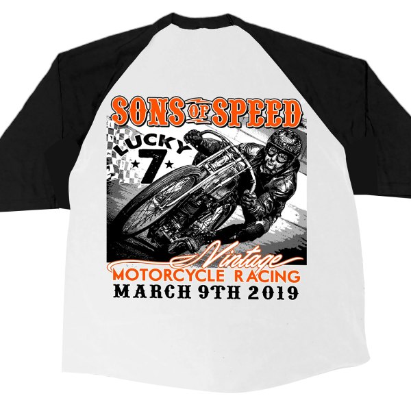 Hot Leathers® - Official Sons Of Speed 2019 Daytona Beach Lucky 7 Raglan 3/4 Sleeve Shirt (Medium, White/Black)