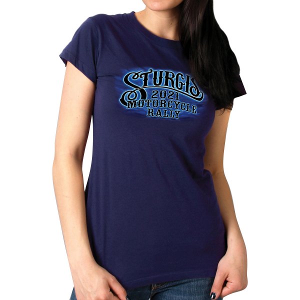 Hot Leathers® - Sturgis 2021 Motorcycle Rally #1 Design American Spirit Ladies T-Shirt (Small, Navy)