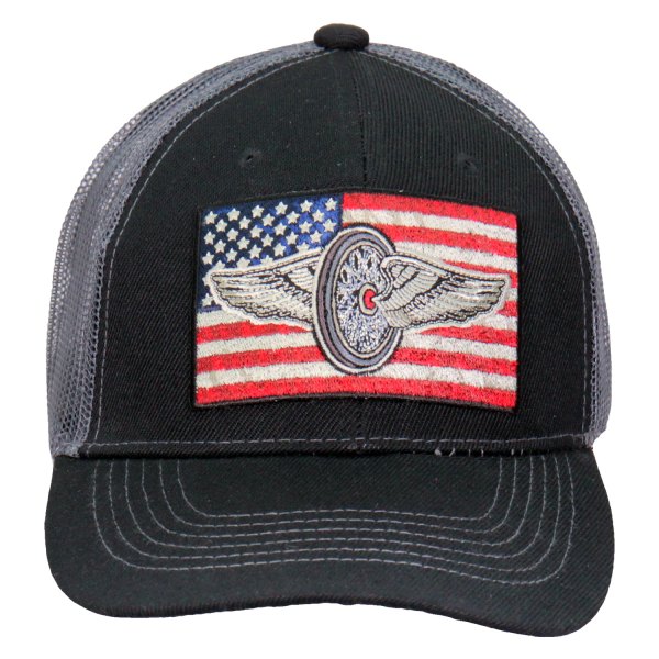 Hot Leathers® - Flying Wheel Flag Trucker Hat (Black/Black/Charcoal)