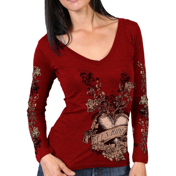 Hot Leathers® - Banner Heart Ladies Long Sleeve Shirt (Medium, Heather Red)