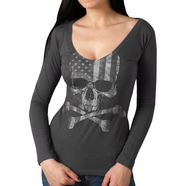 Hot Leathers® - Flag Skull Ladies Long Sleeve T-Shirt (Small, Smoke)