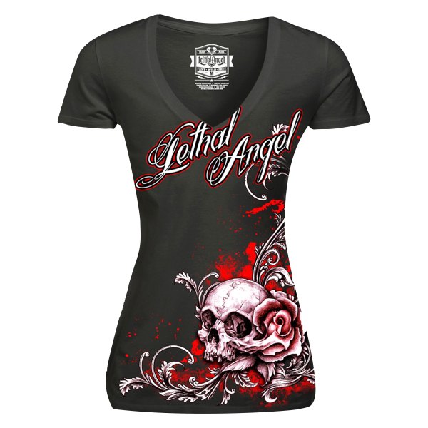 Lethal Threat® - Lethal Angel Floral Skull V-Neck Women's Shirt (2X-Large, Black)