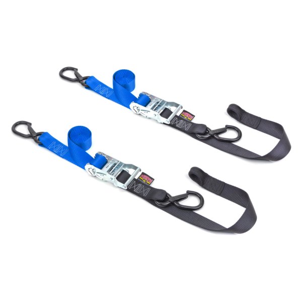 Powertye® - Fat Strap 1.5" x 6.5' Black/Blue Ratchet Soft-Tye Tie-Downs with Secure Latch Hooks