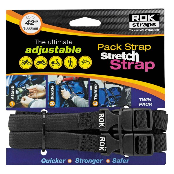 ROK Straps® - Medium-Duty Adjustable Cruiser Black Stretch Straps