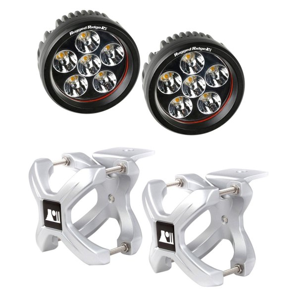 Rugged Ridge® - Tube Mount 3.5" 2x18W Round Driving Beam LED Light Kit with 1.25" to 2" Silver X-Clamp