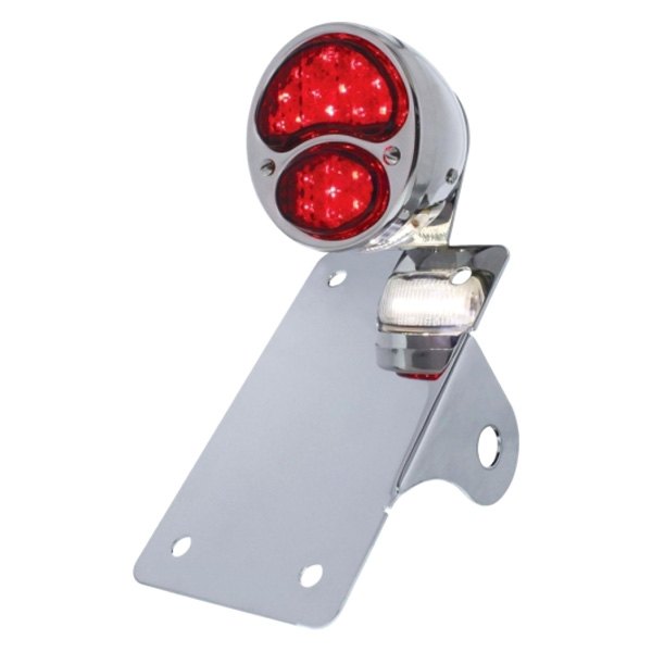 United Pacific® - Chrome Vertical Side Mount License Plate Bracket with 1928 Ford Style LED "DUO Lamp" Tail Light