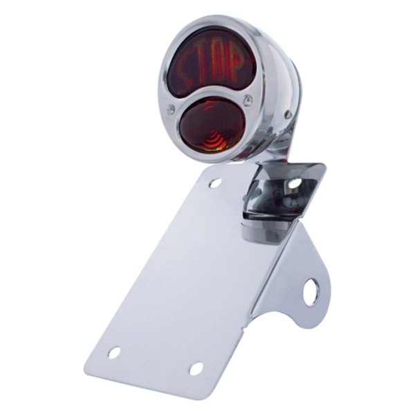United Pacific® - Chrome Vertical Side Mount License Plate Bracket with 1928 Ford Style "STOP DUO Lamp" Tail Light