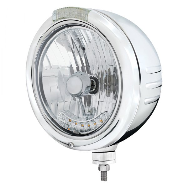 United Pacific® - 7" Round Embossed Stripe Classic Style Chrome Crystal Headlight with Parking LEDs and Dual Function Turn Signal Light