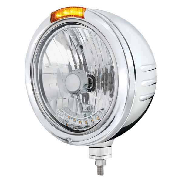 United Pacific® - 7" Style Chrome Crystal Headlight with Parking LEDs and Dual Function Turn Signal Light