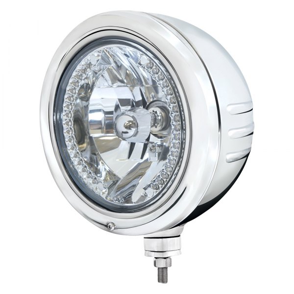 United Pacific® - 7" Round Embossed Stripe Classic Style Chrome Crystal Headlight with Amber LED Halo