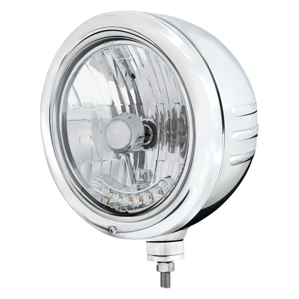 United Pacific® - 7" Round Embossed Stripe Classic Style Chrome Crystal Headlight with Parking LEDs