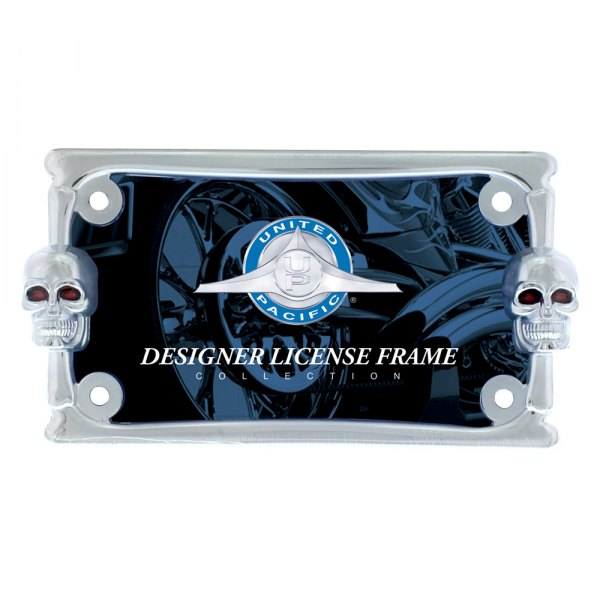 United Pacific® - Designer Two Skulls Style Chrome Motorcycle License Plate Frame