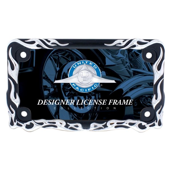 United Pacific® - Designer Flame Style Chrome/Black Motorcycle License Plate Frame