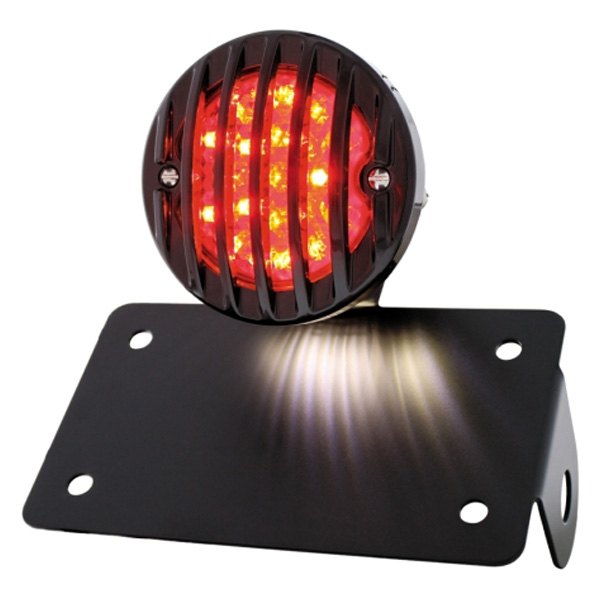 United Pacific® - "Bobber" Style LED Black Horizontal Side Mount License Plate Bracket with Black Grille Bezel and Red Lens Tail Light