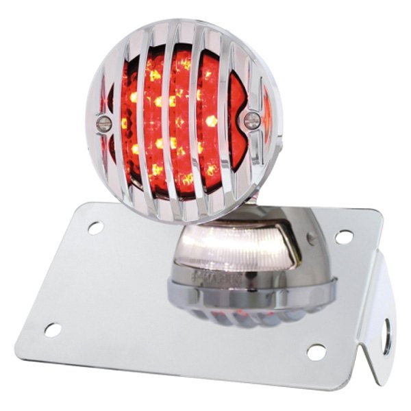 United Pacific® - "Bobber" Style LED Chrome Horizontal Side Mount License Plate Bracket with Chrome Grille Bezel and Smoke Lens Tail Light