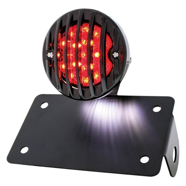 United Pacific® - "Bobber" Style LED Black Horizontal Side Mount License Plate Bracket with Black Grille Bezel and Smoke Lens Tail Light