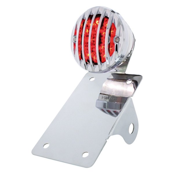 United Pacific® - "Bobber" Style LED Chrome Vertical Side Mount License Plate Bracket with Chrome Grille Bezel and Smoke Lens Tail Light